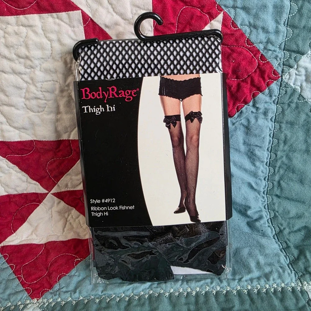 BodyRage Ribbon Look Fishnet Thigh Hi Style 4912 Black Spencers Hosiery New